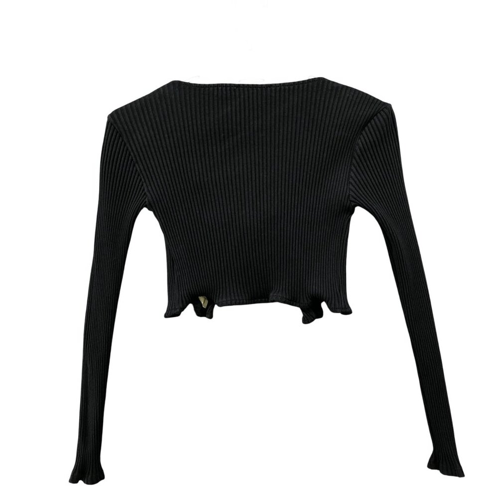 Zara Cropped Cardigan Womens S Black Metal Closure Ribbed Long Sleeve Fitted - Picture 2 of 8